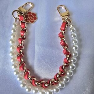 Double Layer  Pearl and Red Chain Bag Charm / Wrist Strap